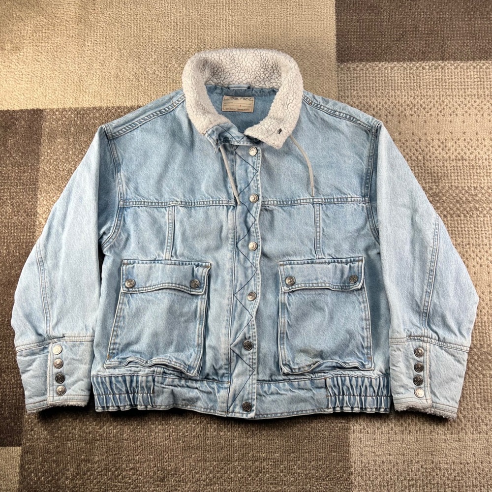 We The Free Free People Light Wash Denim Sherpa Collar Bomber Jacket Small